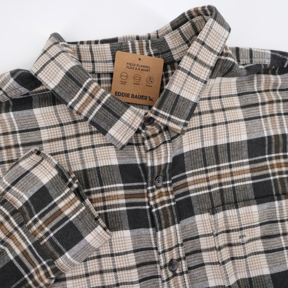 NEW Eddie Bauer Field Flannel Flex Shirt Gray Plaid Long Sleeve Mens 2XL Shirt